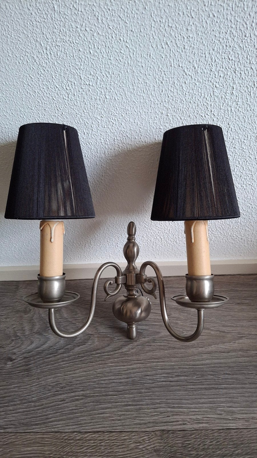 2 Franse dubbele wandlampjes zilverkleurig / zwart kapje, Ophalen of Verzenden