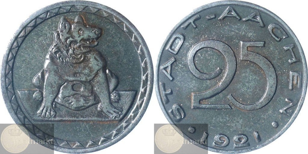 Duitsland - Stad Aachen Noodgeld 25 Pfennig 1921 'Misslag', Postzegels en Munten, Munten | Europa | Niet-Euromunten, Ophalen of Verzenden