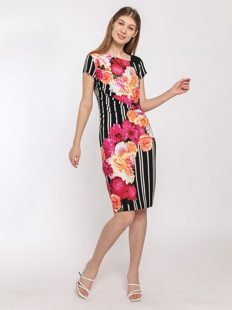 Joseph Ribkoff jurk zwart wit gestreept + bloemen 44 42295, Joseph Ribkoff, ., Maat 42/44 (L), Joseph Ribkoff