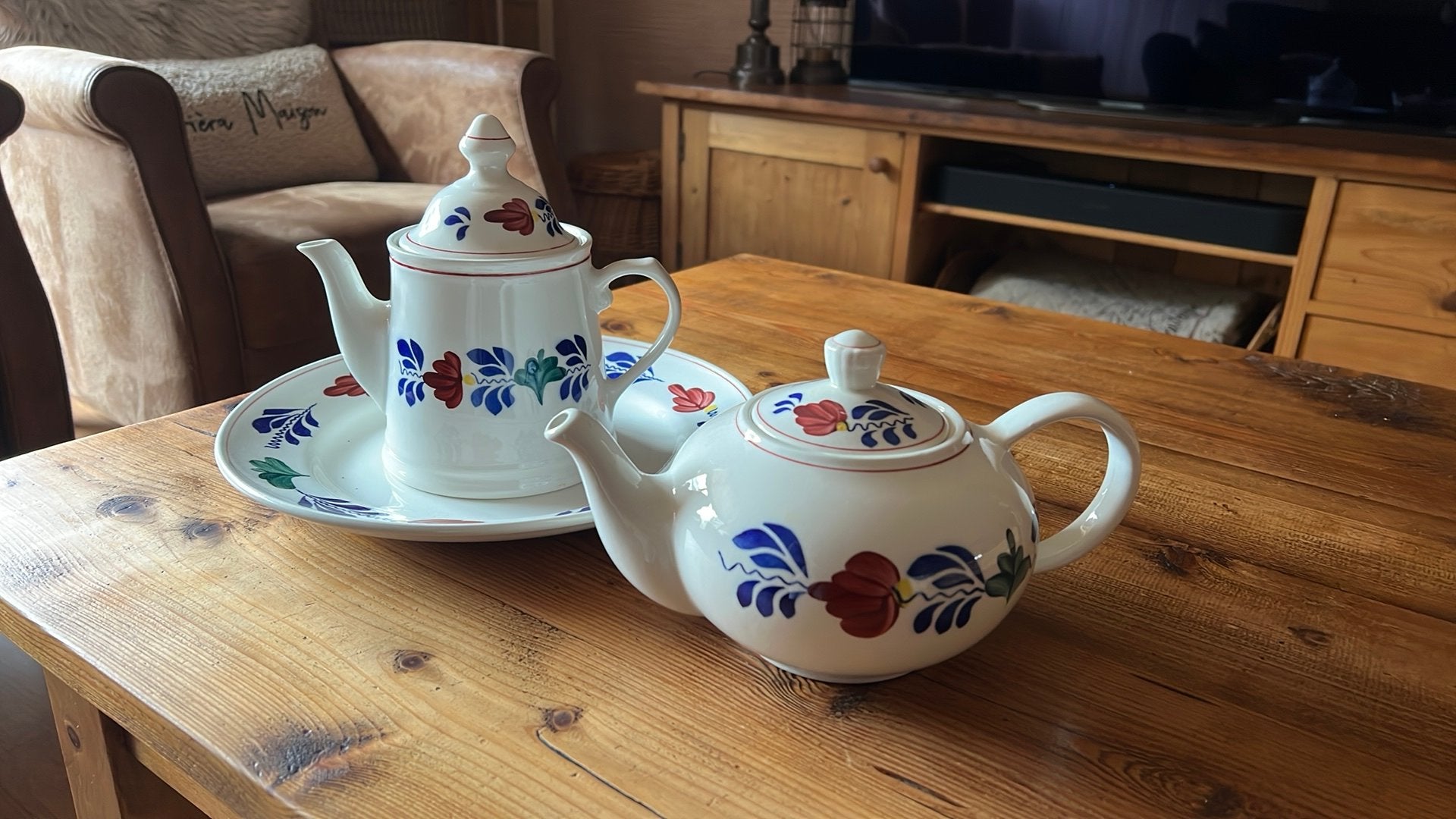 Boerenbont theepot koffiekan groot serveerbord, Ophalen of Verzenden