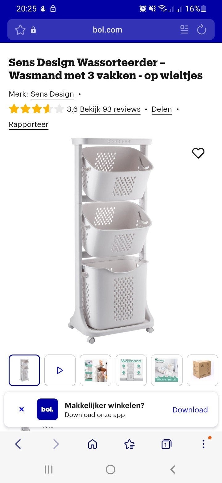 Sens Design Wassorteerder - Wasmand met 3 vakken op wieltjes, Ophalen, Zo goed als nieuw