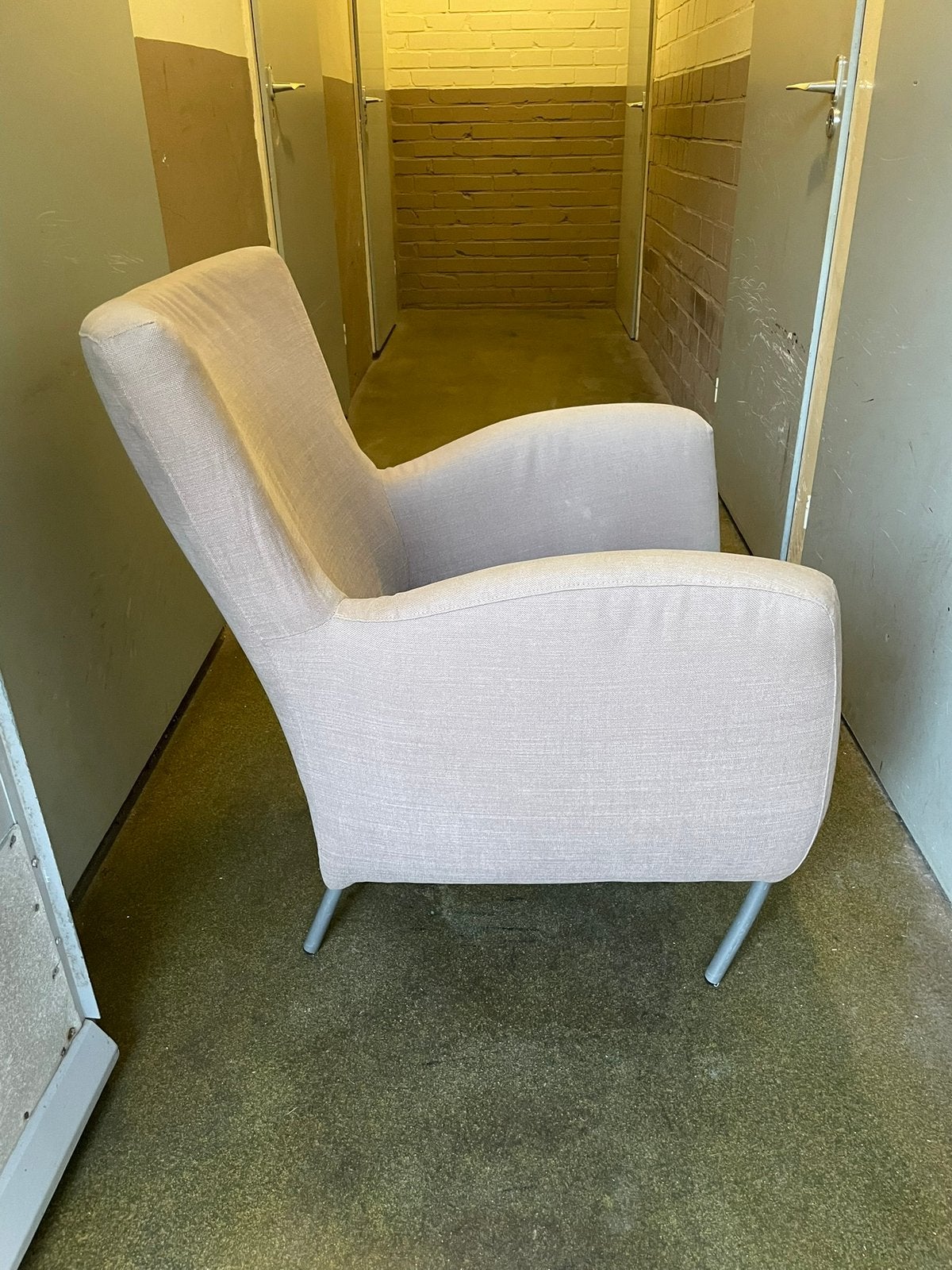 Mooie stoffen fauteuil / loungestoel – lichtgrijs/beige, Ophalen, Gebruikt