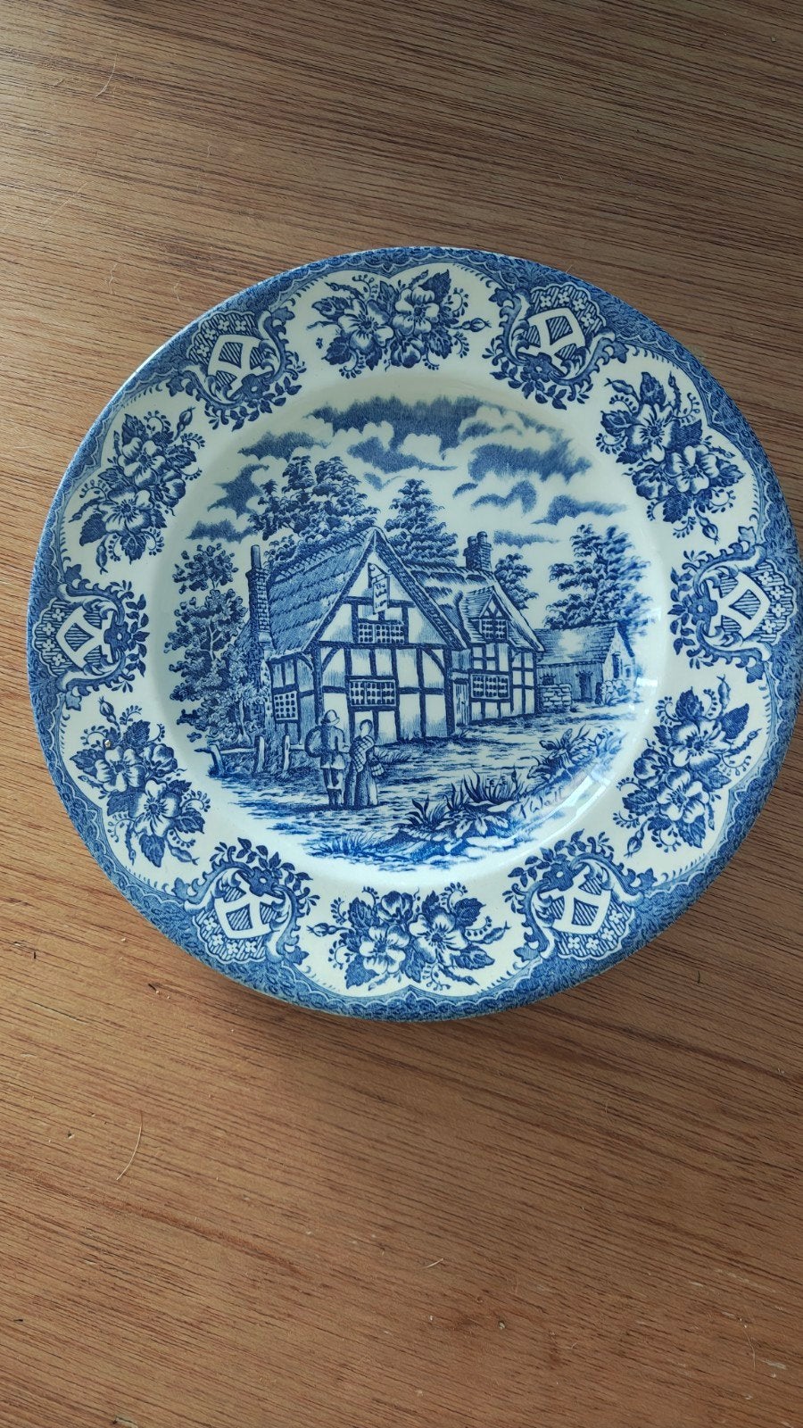 6x Antiek Engels Ironstone bord met huisje en bloemen, Ophalen of Verzenden