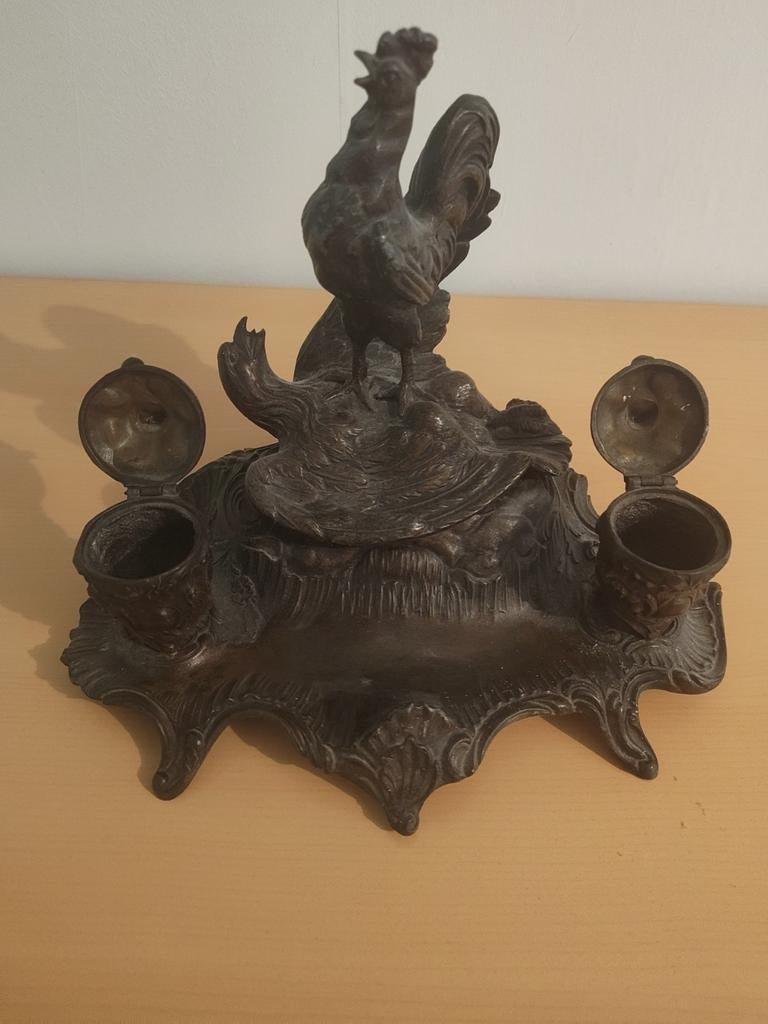 Antieke bronzen inktstel met haan, Antiek en Kunst, Ophalen of Verzenden