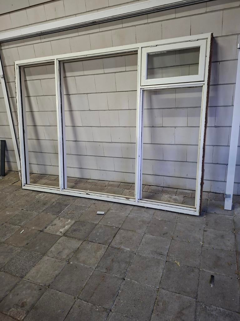Te koop hardhouten kozijn met dubbelglas, Ophalen, Gevelraam of Ruit, Gebruikt, 160 cm of meer
