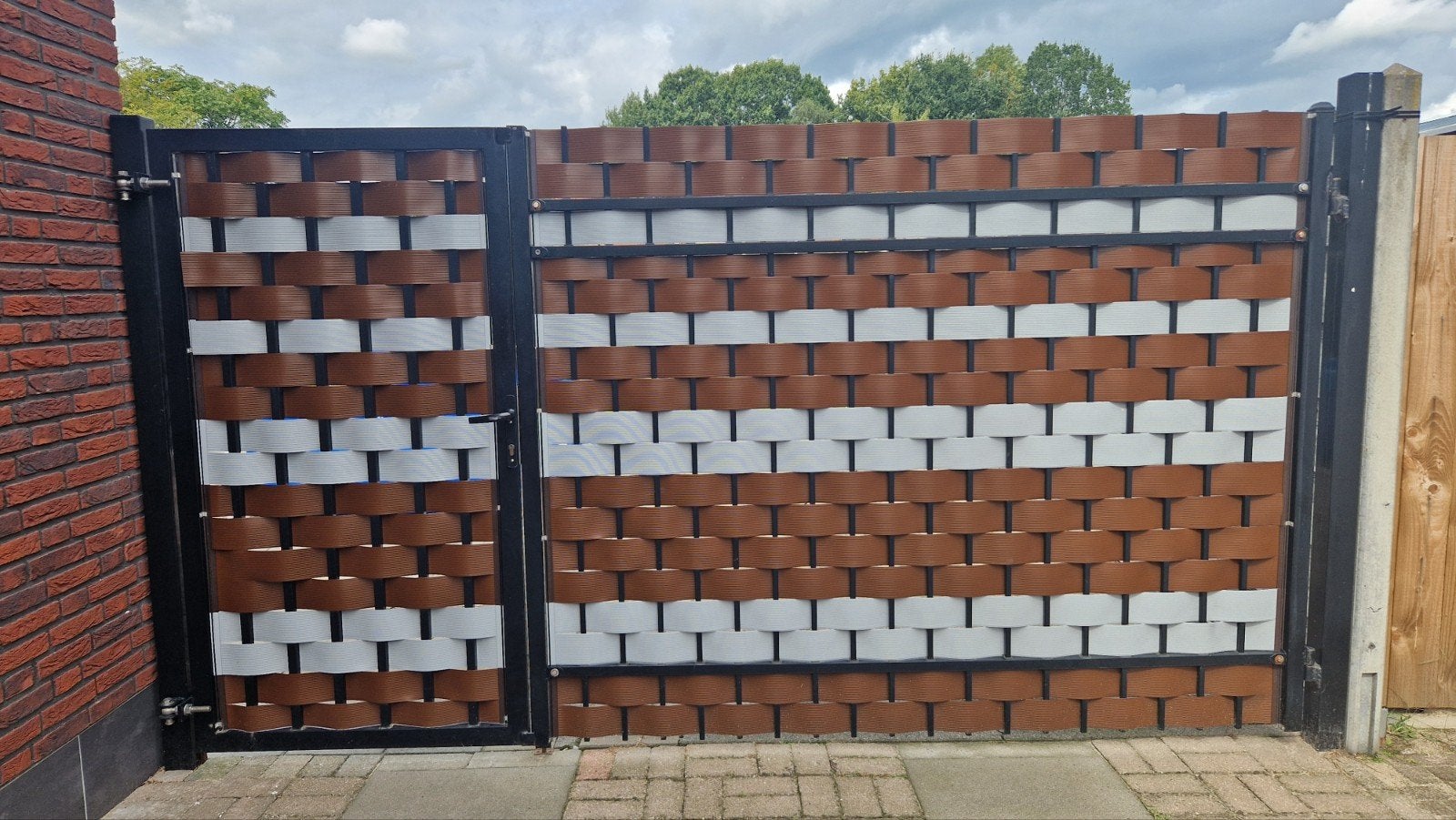Metalen poort met looppoort 350 cm breed, Ophalen, Gebruikt, IJzer, Sierhekwerk