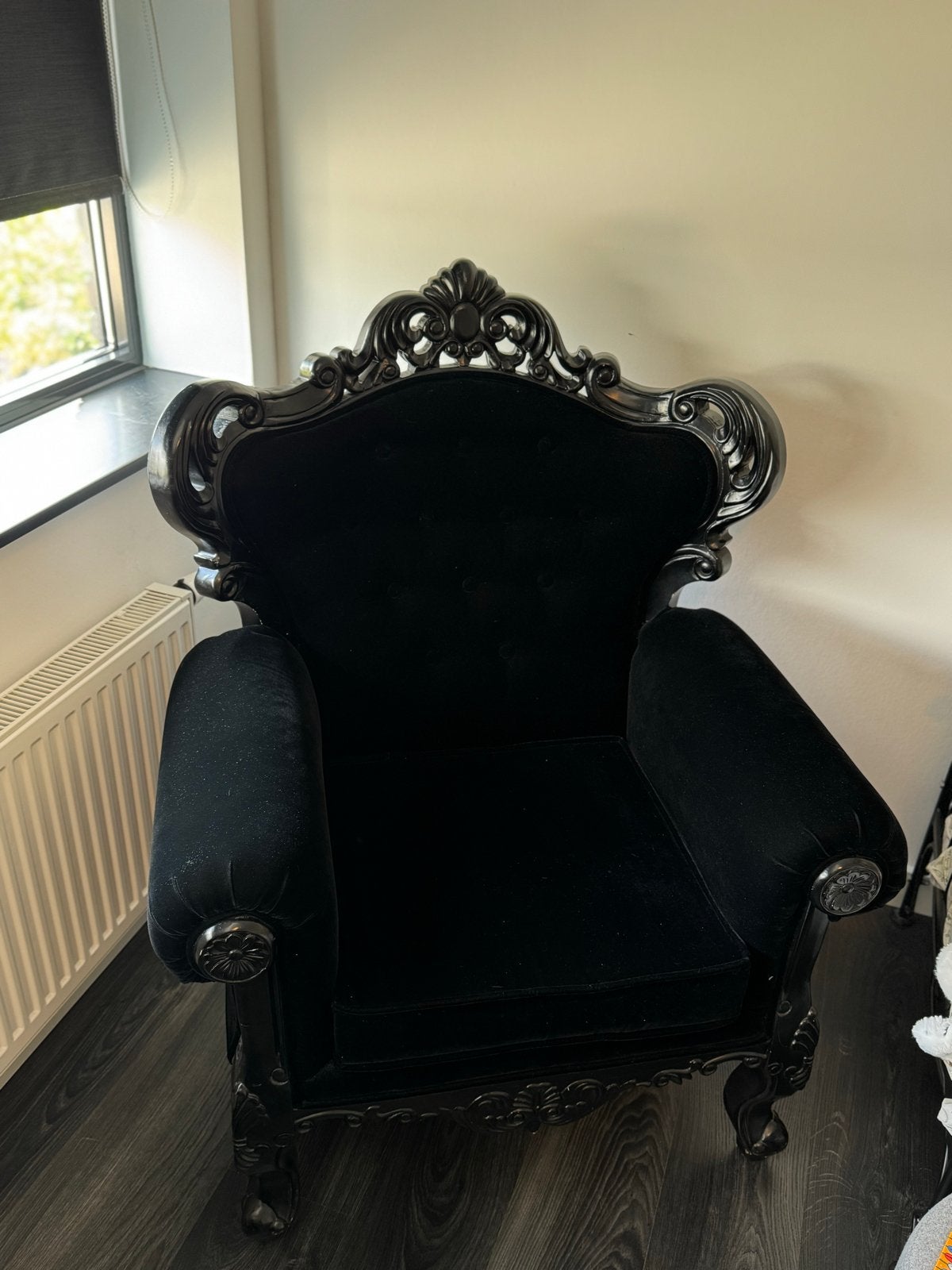 Luxe Zwarte Brocante Fauteuil Hout & Fluweel Grote Stoel, Ophalen, Gebruikt, Hout, 75 tot 100 cm