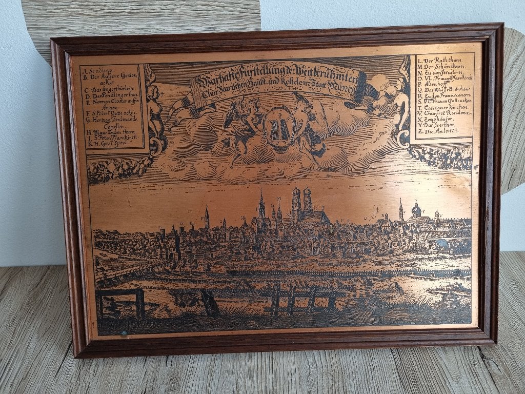 Mooie Vintage koperen plaquette met stadsgezicht München, Ingelijst, Verzenden, Stadsgezicht, 29 cm