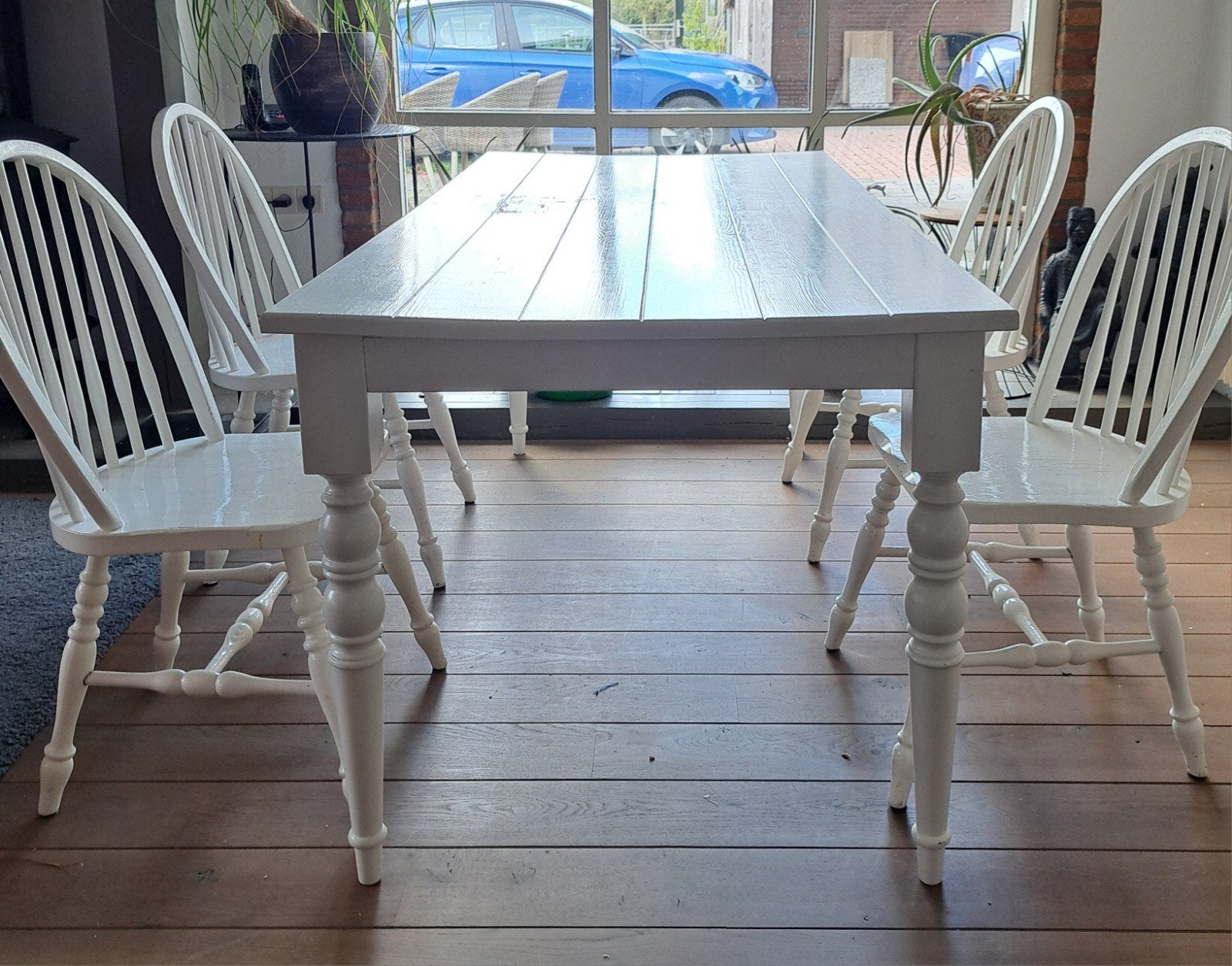 Witte eettafel met 4 stoelen - Landelijke stijl, Ophalen, Gebruikt, 50 tot 100 cm, Vier personen