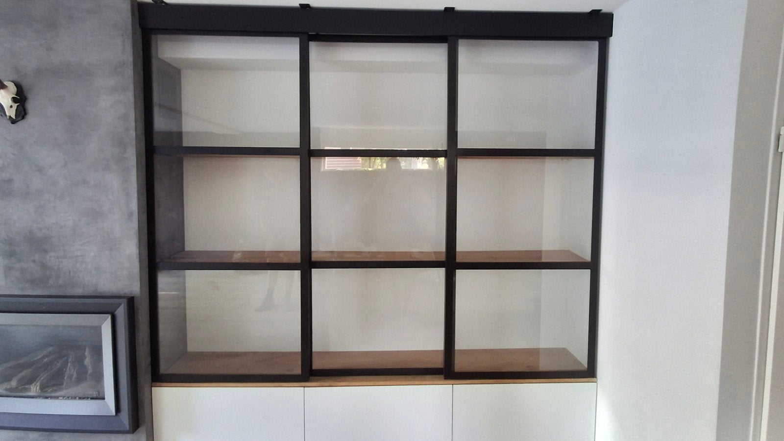 Glazen schuifwand met zwart stalen frame, Doe-het-zelf en Verbouw, Glas en Ramen, Ophalen, 160 cm of meer, Glasplaat, 160 cm of meer