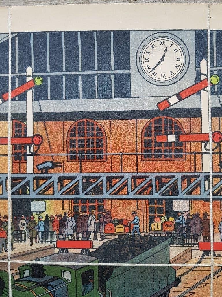 Treinstation oude schoolplaat uit Frankrijk litho op canvas., Antiek en Kunst, Origineel, Ophalen of Verzenden, Lithografie