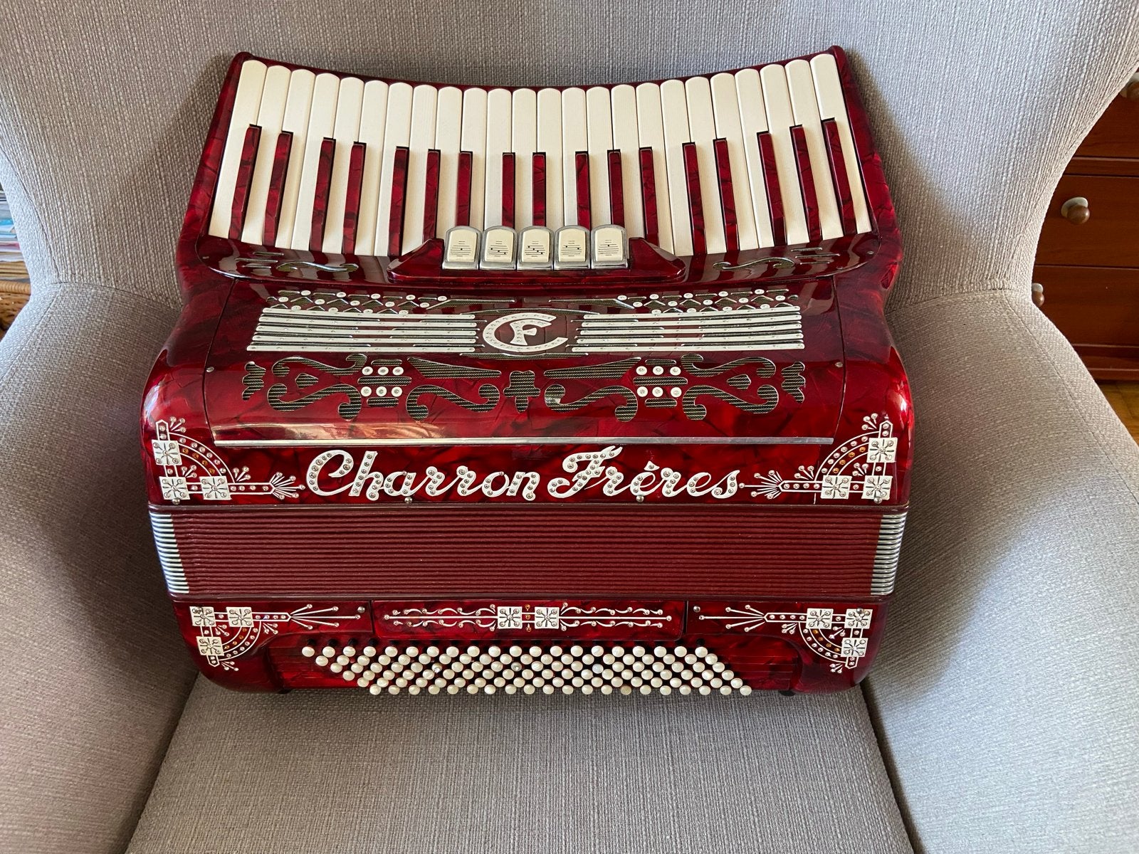 Charron Frères waaierklavier accordeon met musette, Overige merken, Gebruikt, Met koffer, 120-bas