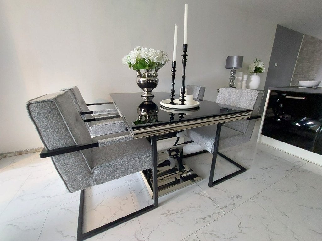 Hoogglans Luxe Eettafel met Gehard Glazen Tafelblad, Ophalen, Glas, 50 tot 100 cm, Zo goed als nieuw