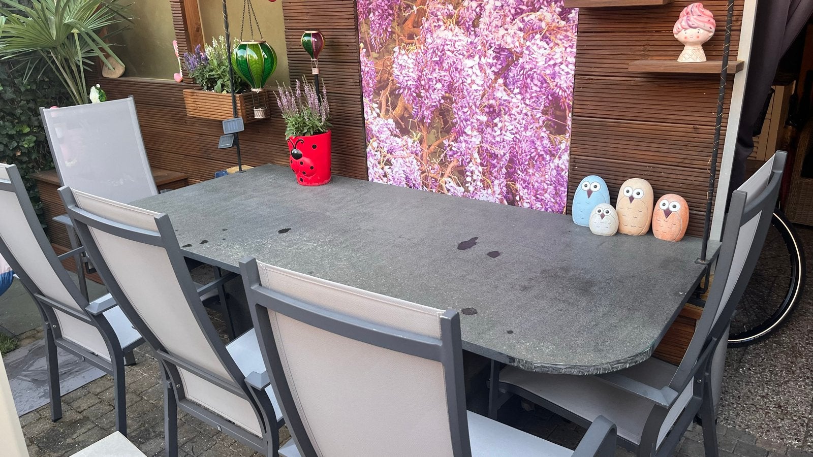 5 verstelbare intratuin stoelen met gasveer en grote tafel, Ophalen, Gebruikt, Eettafel, 6 zitplaatsen