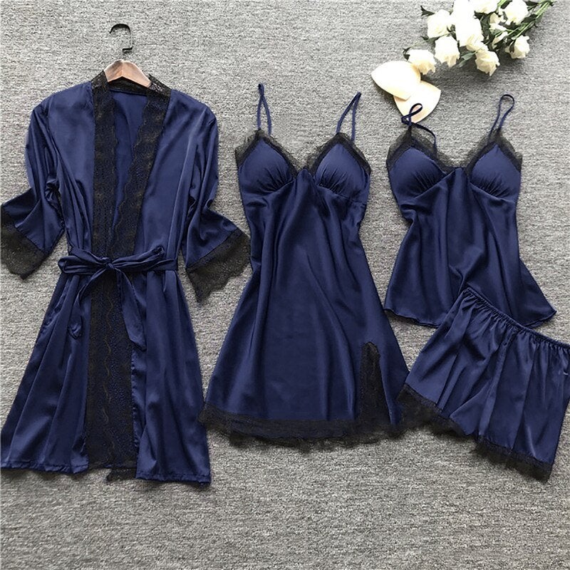 Donkerblauwe dames nachtjapon kimono ochtendjas lingerie, Verzenden, Blauw, Nachtkleding