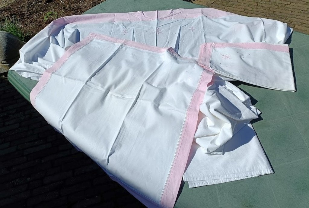 Vintage beddengoed 1x laken + 2x sloop 250 x 185 cm (AL71), Gebruikt, Overige typen, Katoen, Tweepersoons