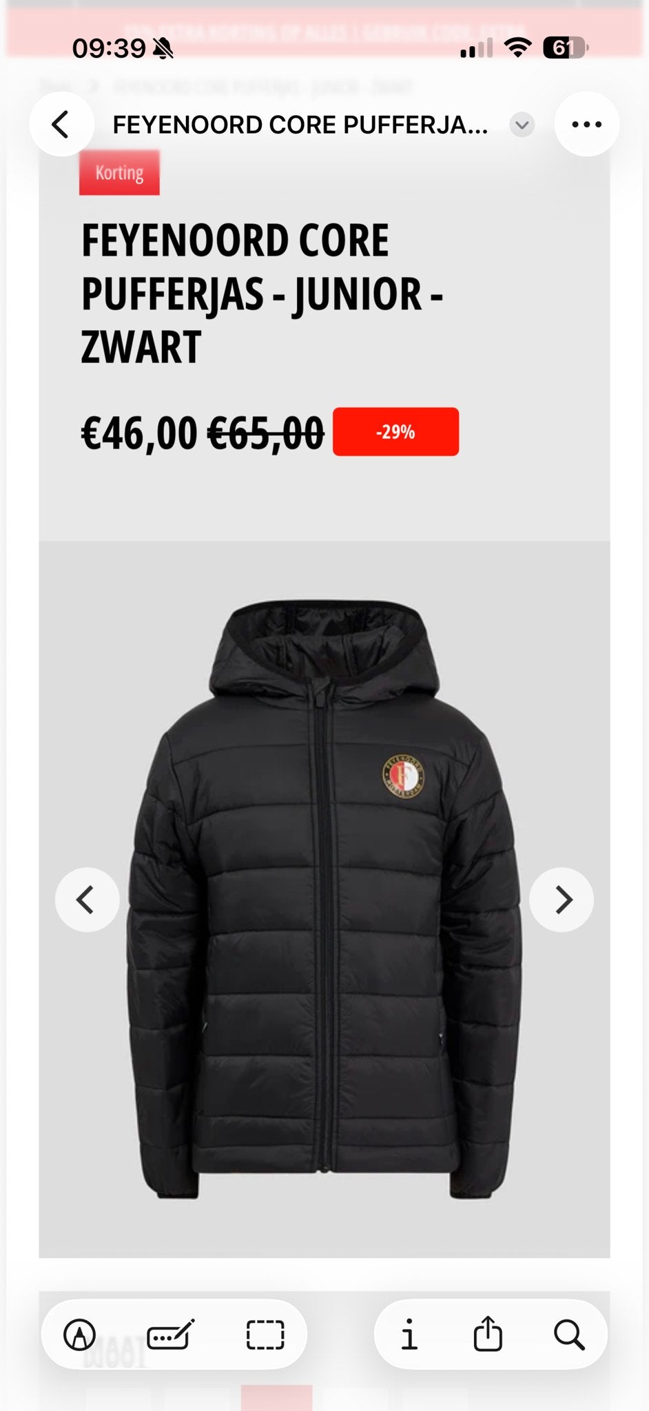 Feyenoord Core Pufferjas Junior Zwart Maat 152, Ophalen of Verzenden, Nieuw, Jongen of Meisje, Jas