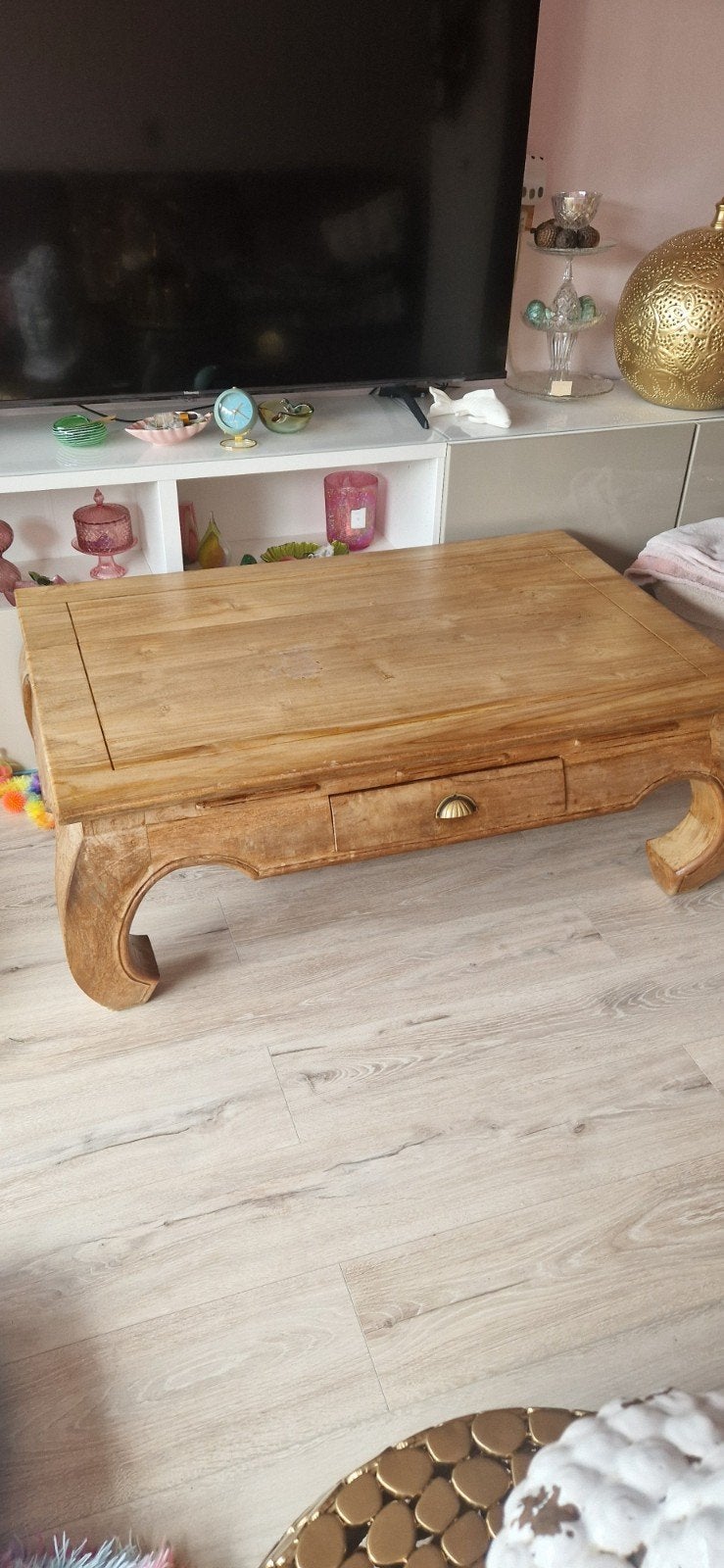Massief houten teak Opium salontafel met lade, Ophalen, 100 tot 150 cm, Klassiek, 50 tot 100 cm