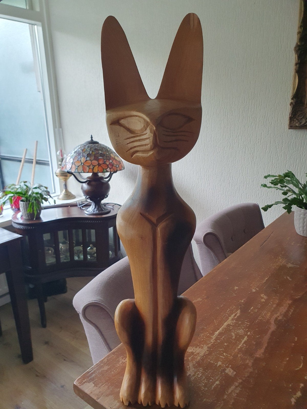 Grote houten kat sculptuur - Uniek handgesneden beeld, Antiek en Kunst, Kunst | Beelden en Houtsnijwerken, Ophalen, 50 - 100 cm