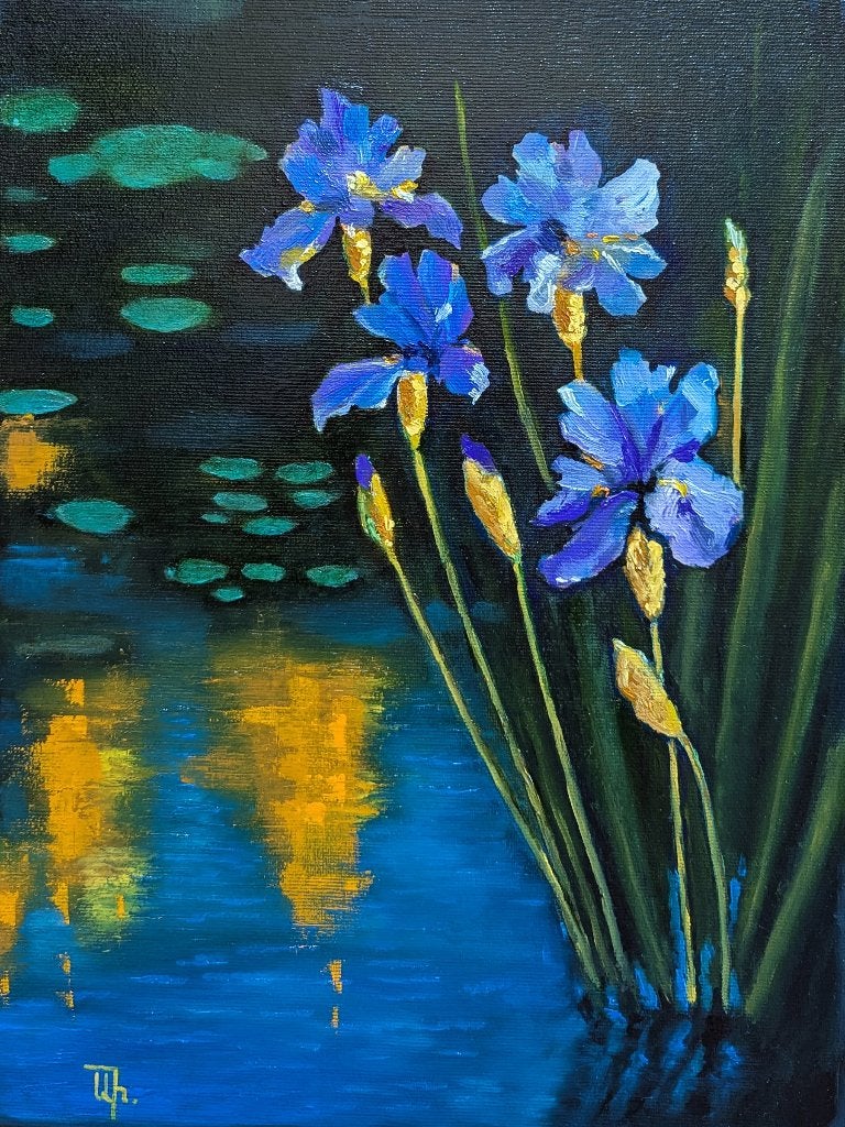 "Irissen" Schilderij, Antiek en Kunst, Verzenden, Olieverf, Handgeschilderd, Bloemen