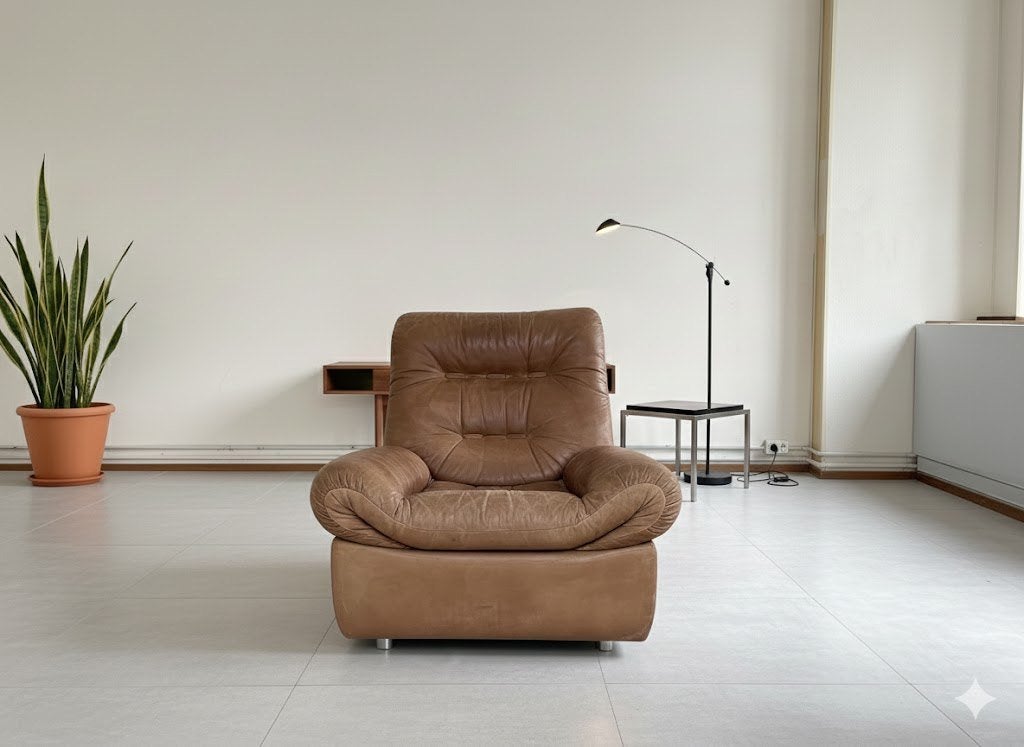 Vintage Leren Fauteuil - Bruin Cognac Leer, Huis en Inrichting, Ophalen, Gebruikt, Vintage, Retro, 75 tot 100 cm