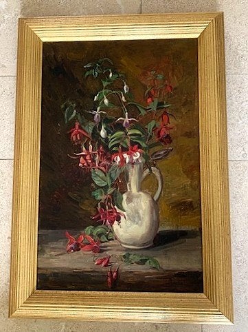 Fuchsia in plateelvaas ca. 1940-1950, Bloemen, Doek, Impressionistisch, Ophalen of Verzenden