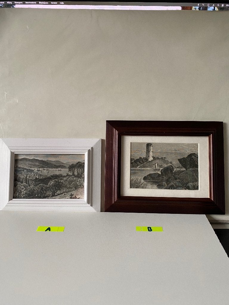 Ingelijste gravures : A + B, 18 cm, Stadsgezicht, 23 cm, Gravure