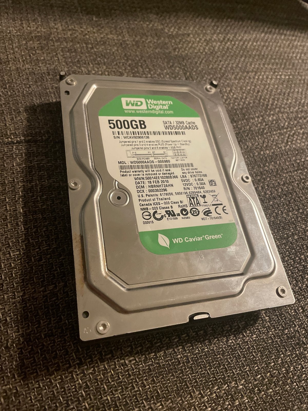 WD Caviar Green 500GB SATA HDD, Computers en Software, Harde schijven, Intern, Gebruikt, Verzenden, Desktop