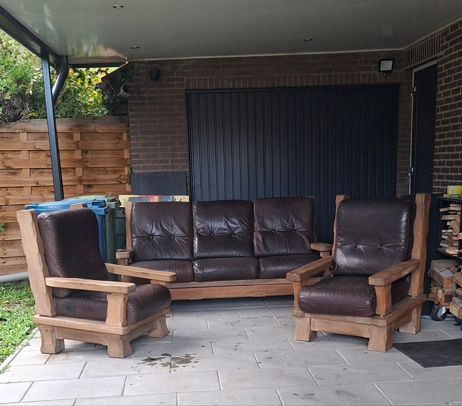 Massief, geloogd, gezandstraald eiken bankstel, Ophalen, Bruin, Hout