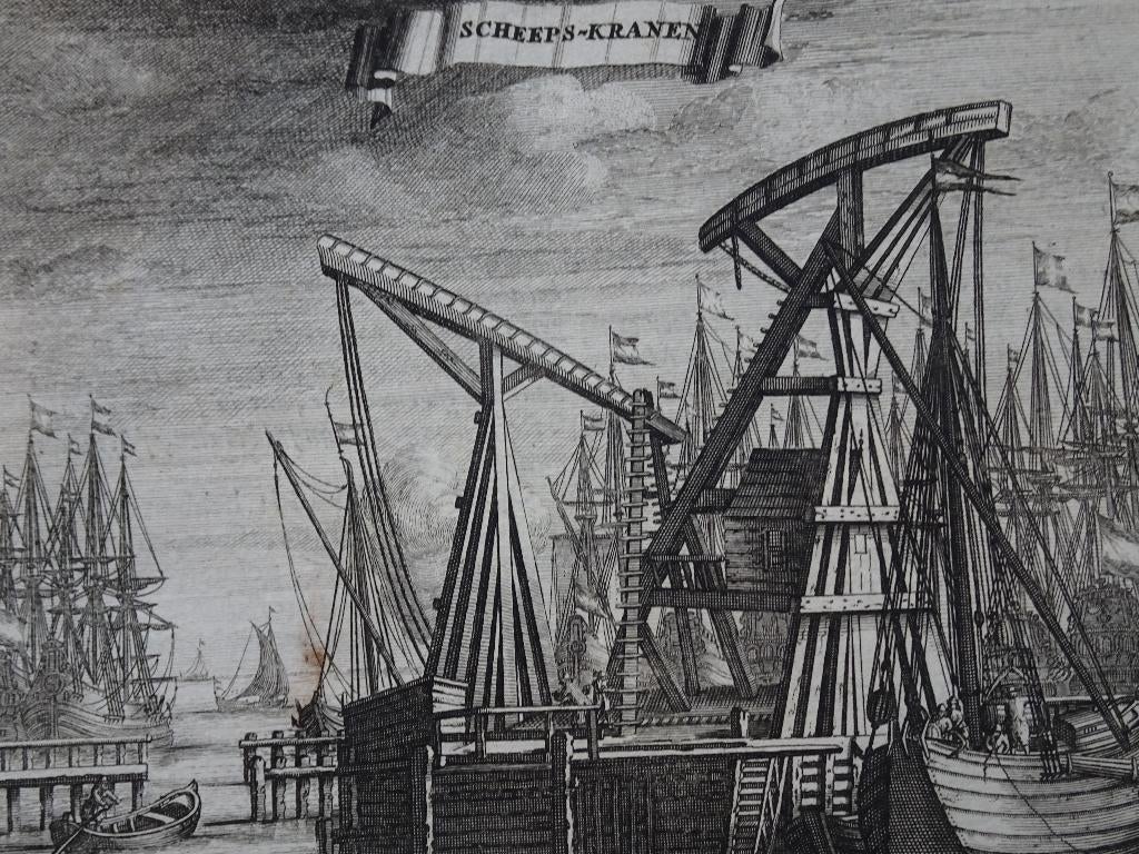 Gravure scheepskranen haven van Amsterdam Vinkeles 1760, Antiek en Kunst, Kunst | Etsen en Gravures, Verzenden