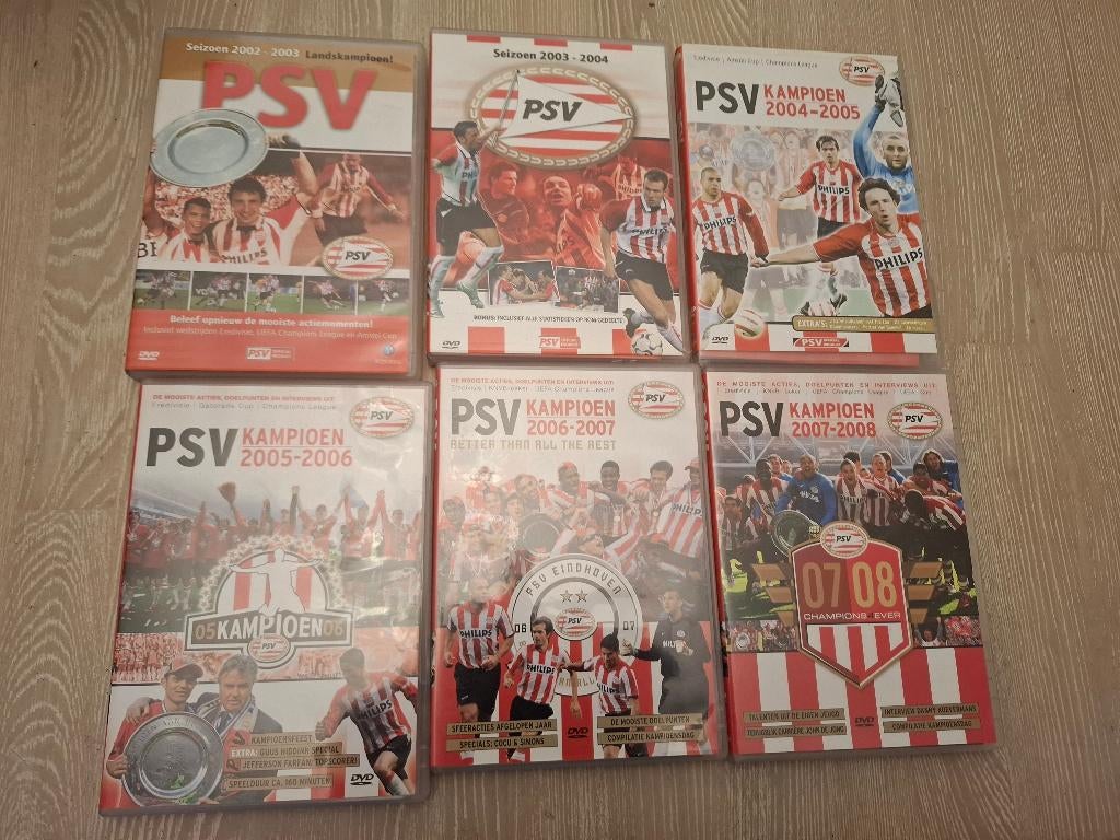 Verzameling 6 P.S.V. kampioen dvd's. (PSV Eindhoven), Voetbal, Alle leeftijden, Ophalen of Verzenden, Zo goed als nieuw