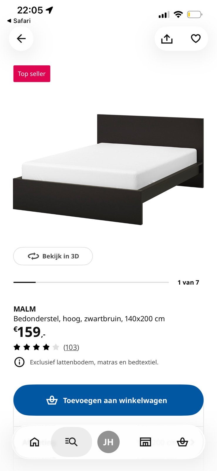 MALM bed, Ophalen, Gebruikt, Zwart, Tweepersoons
