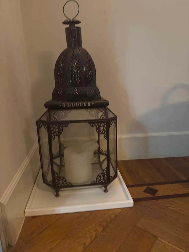 Oosterse lantaarn met glas en metaal, Huis en Inrichting, Woonaccessoires | Kandelaars en Kaarsen, Ophalen, Zo goed als nieuw