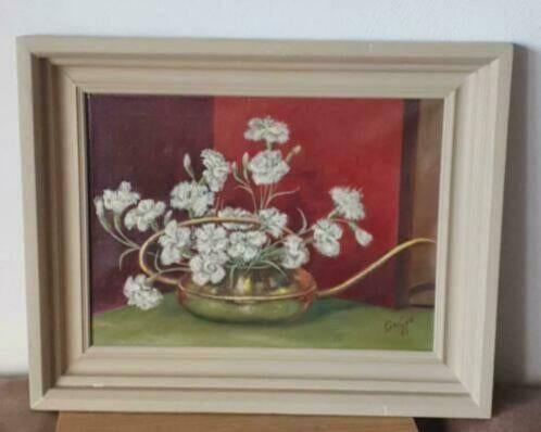 Olieverf koperen gieter met asters G. van Eijk 1959, Ophalen