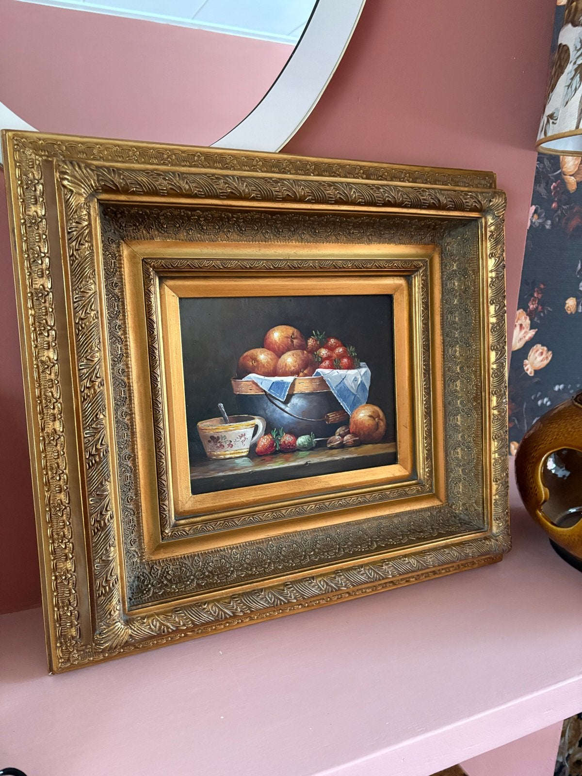 Klassiek olieverf stilleven van fruit in gouden lijst, Ophalen, Doek, Bijzondere lijst, Stilleven