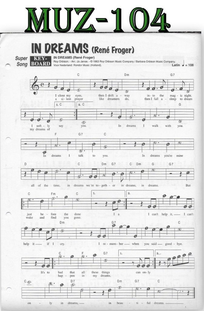 Muz104 Bladmuziek Super song: In Dreams ( René Froger ), Orgel, Gebruikt, Klassiek, Ophalen of Verzenden