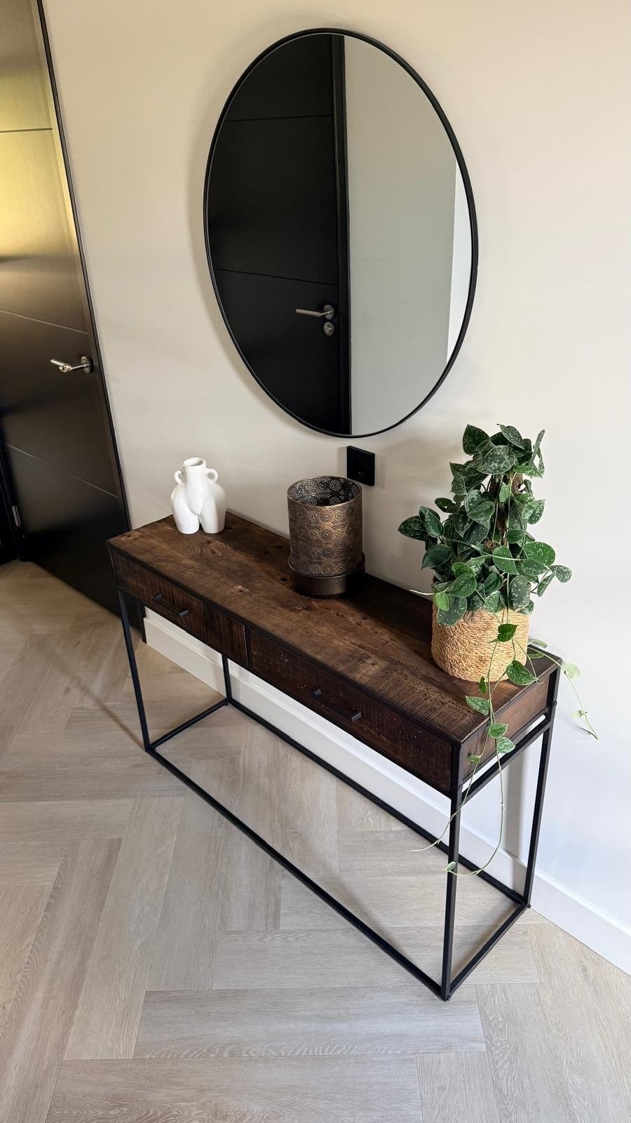 Industriële sidetable/haltafel met lades - Hout en Metaal, Ophalen, 100 tot 150 cm, Zo goed als nieuw, Overige houtsoorten