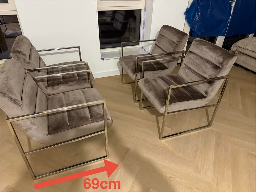 Set 4 eetkamerstoelen velvet lichtbruine chrome poten, Huis en Inrichting, Stoelen, Ophalen, Eric kuster velvet velours chrome