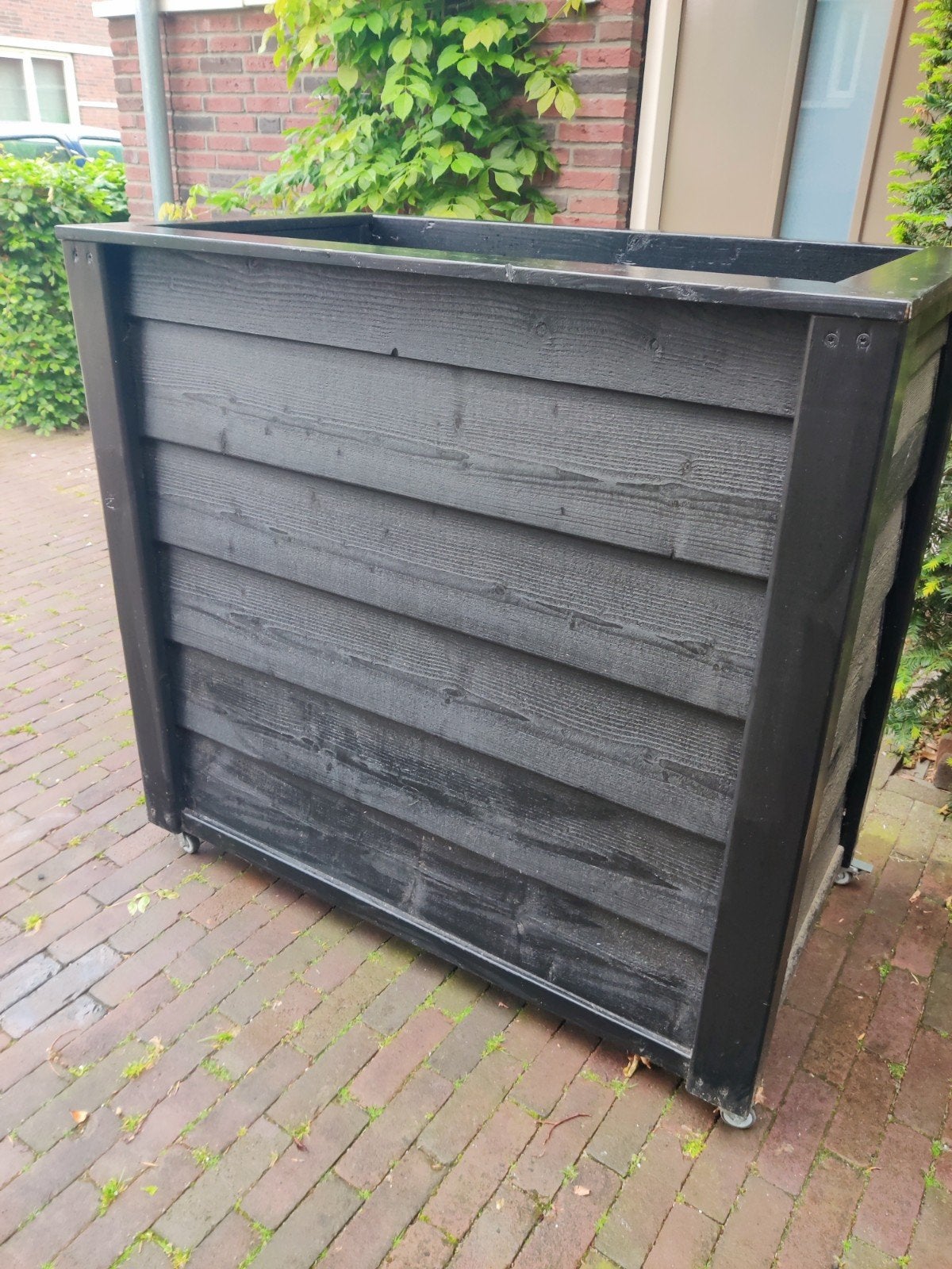 Kliko ombouw voor 2 containers, zwart hout met wielen, Ophalen, Gebruikt