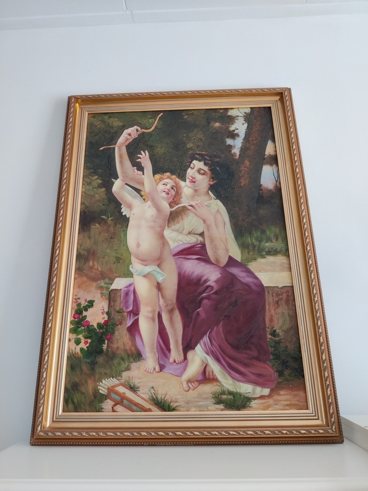 Vrouw cupido romantisch groot schilderij prent in hout lijst, Ophalen