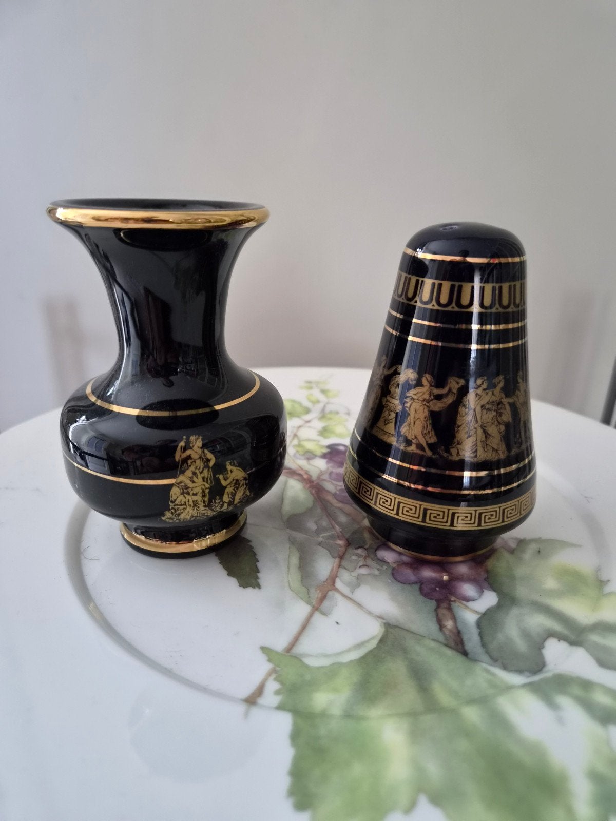 Griekse vaas en zoutvaatje, zwart met 24K goud, Ophalen of Verzenden