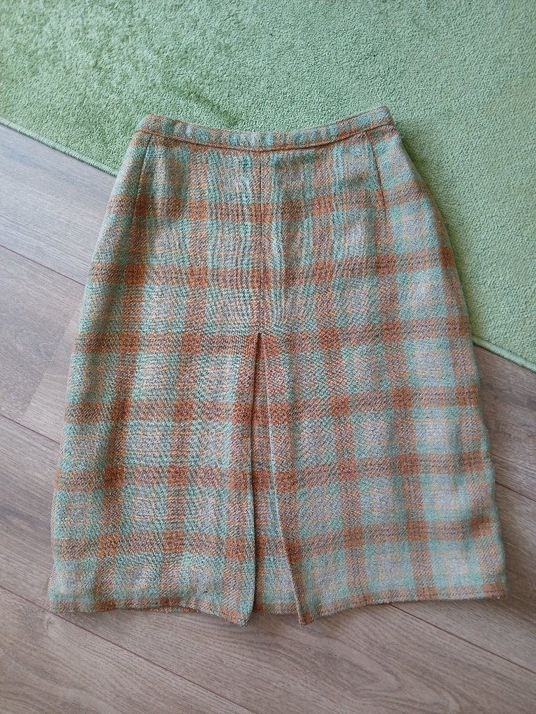Vintage jaren 70 geruite rok, wol, plooien, maat S, Kleding | Dames, Rokken, Bruin, Verzenden, Vintage, Knielengte