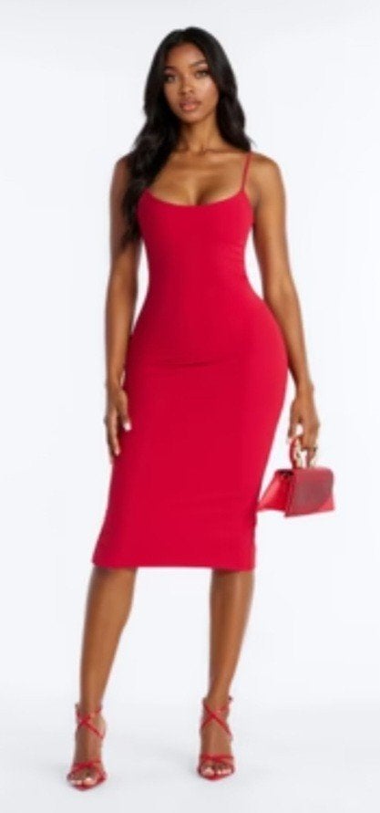 Fashion Nova Lilah Double Lined Midi Jurk Rood Maat S, Nieuw, Ophalen of Verzenden, Fashion Nova, Maat 36 (S)