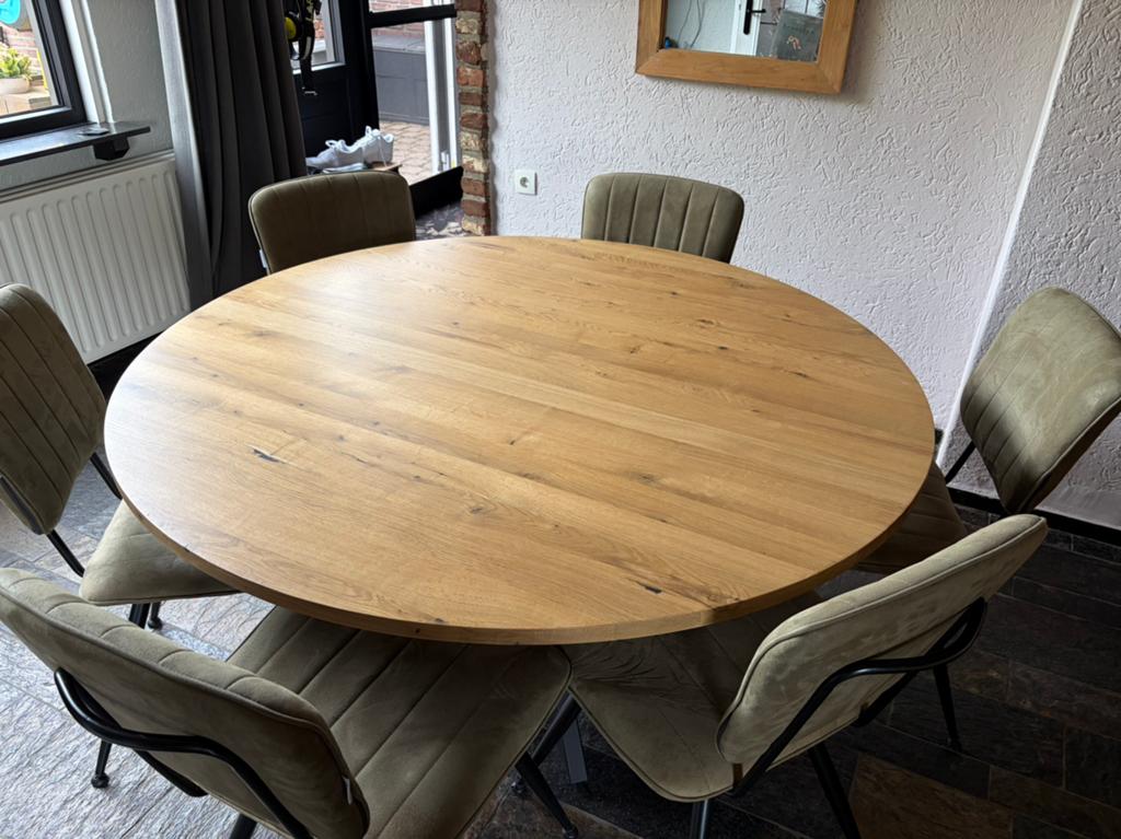 Ronde massief eiken houten tafel, diameter 150 cm, Huis en Inrichting, Tafels | Eettafels, Ophalen, 100 tot 150 cm, Rond, Zo goed als nieuw