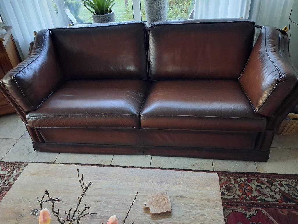 Leren donkerbruine 2 1/2 zits bank., Huis en Inrichting, Ophalen, Gebruikt, Tweepersoons, Rechte bank