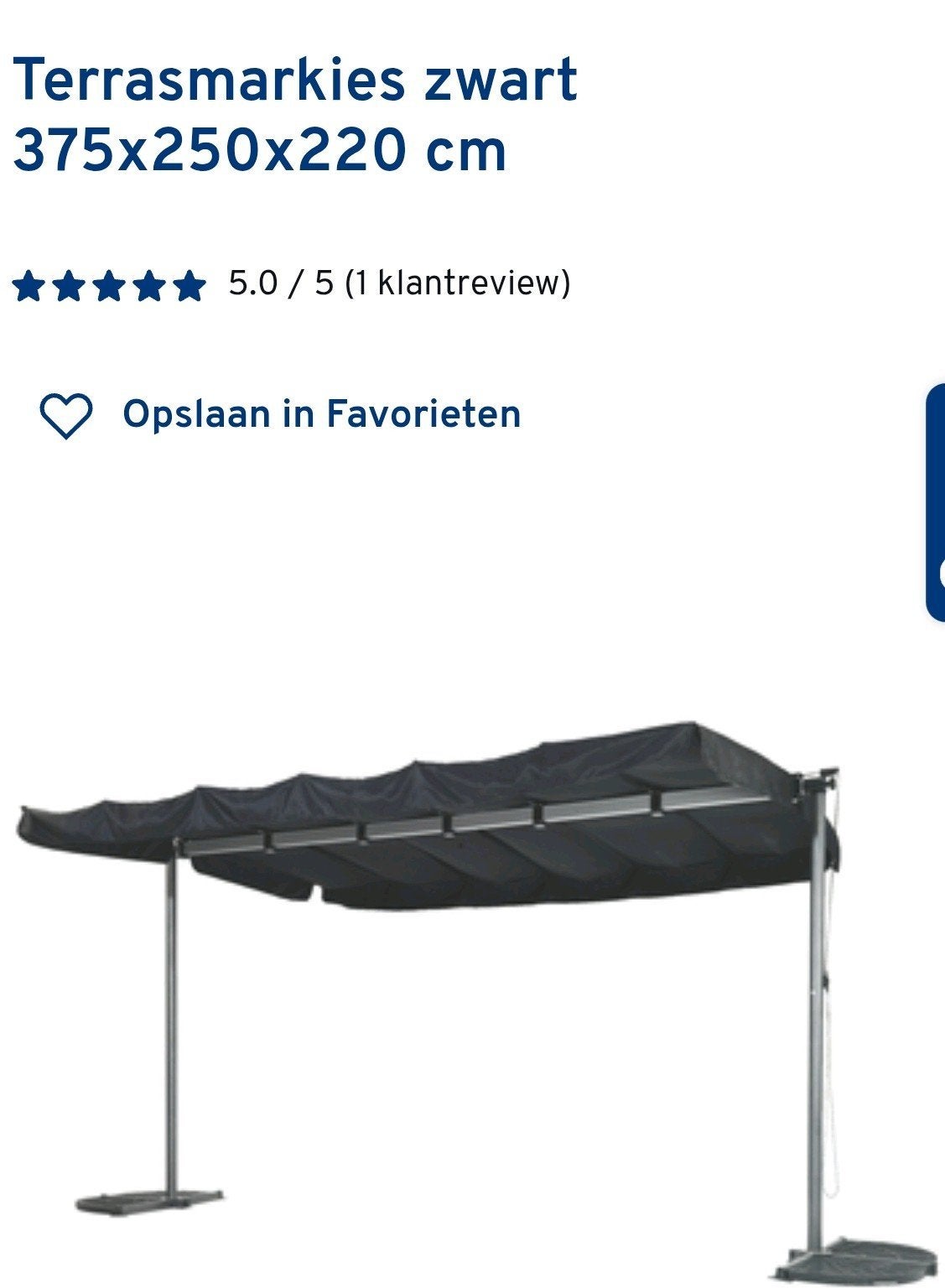 Terrasmarkies zwart 375x250x220 cm, Tuin en Terras, Ophalen, Zo goed als nieuw, 150 tot 300 cm, Markies