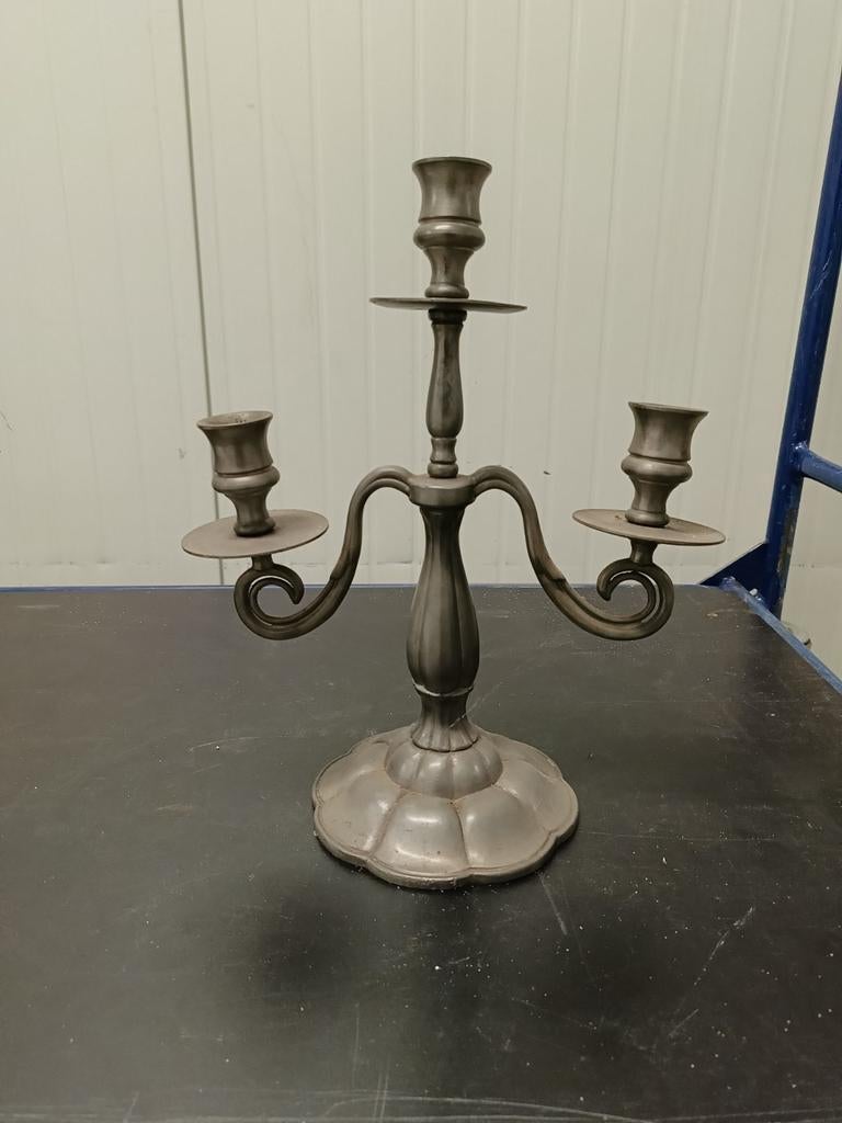 Vintage tinnen kandelaar 3-armig met keurmerk, Antiek en Kunst, Antiek | Kandelaars, Ophalen of Verzenden