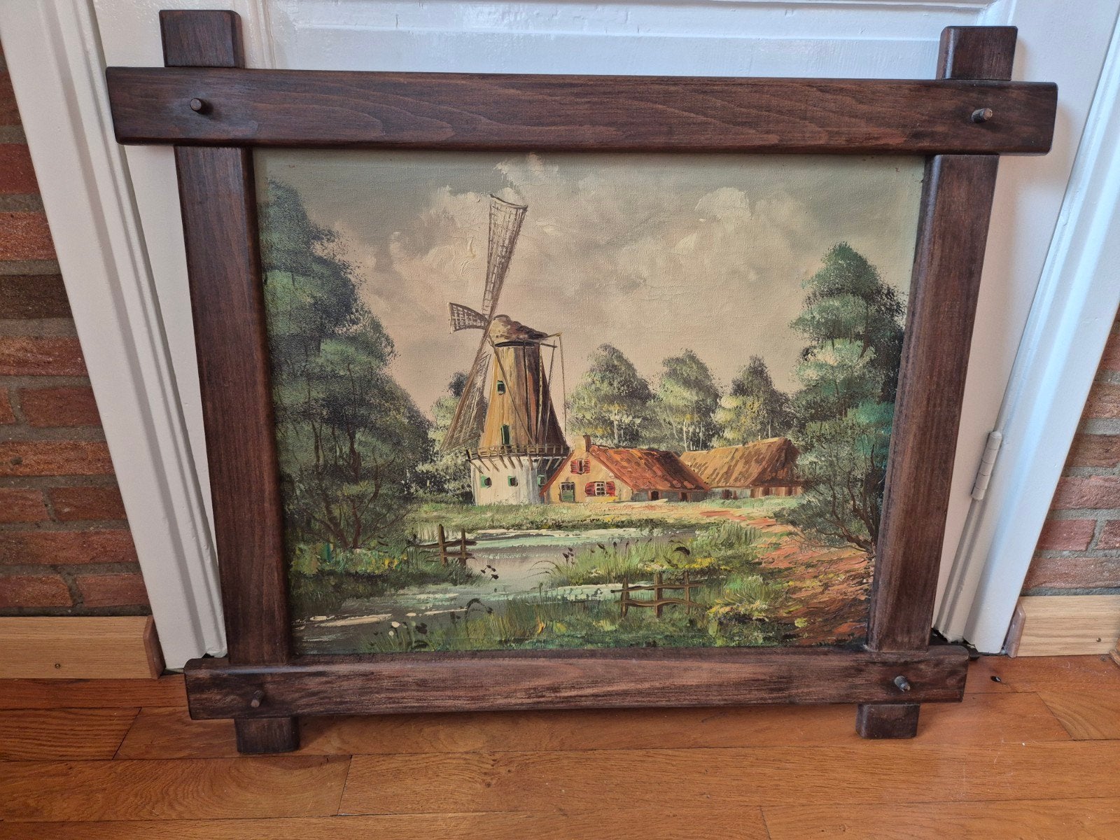 Oud Hollands landschap met molen - Olieverf op doek, Handgeschilderd, Doek, Oud hollands, Ophalen of Verzenden