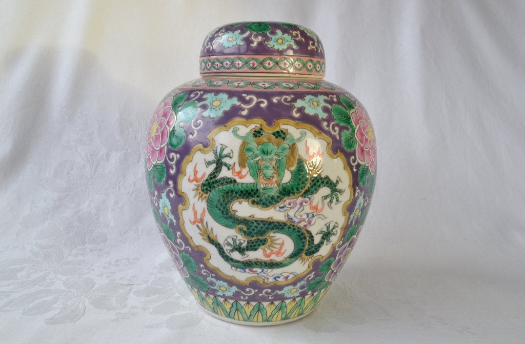 Grote paarse Chinese Gemberpot met draken, porselein – China, Antiek en Kunst, Antiek | Porselein, Ophalen of Verzenden