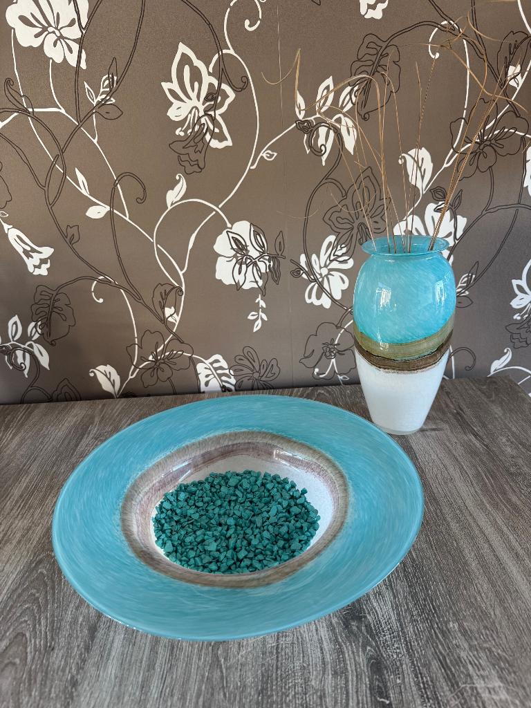 Mooi set: vaas en schaal blauw - zand - bruin - wit  GLAS, Overige kleuren, Ophalen of Verzenden, Minder dan 50 cm, Glas